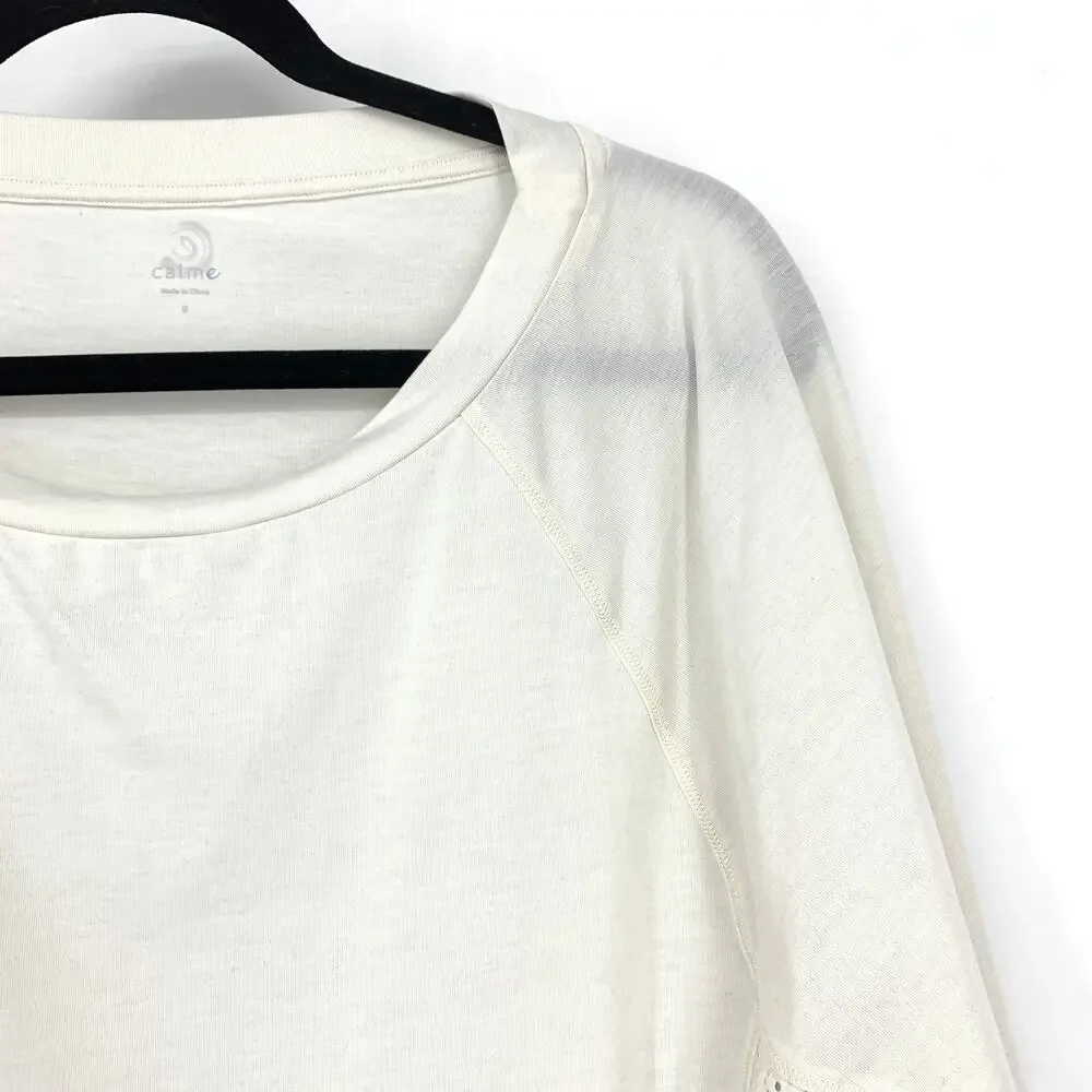 Calme By Johnny Was Top Womens Size Small Cream Scoop Neck Cinched Waist Hem